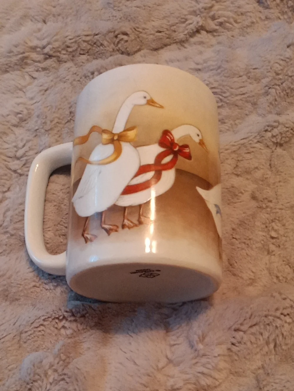 White Ceramic Goose Mug with Festive Ribbons